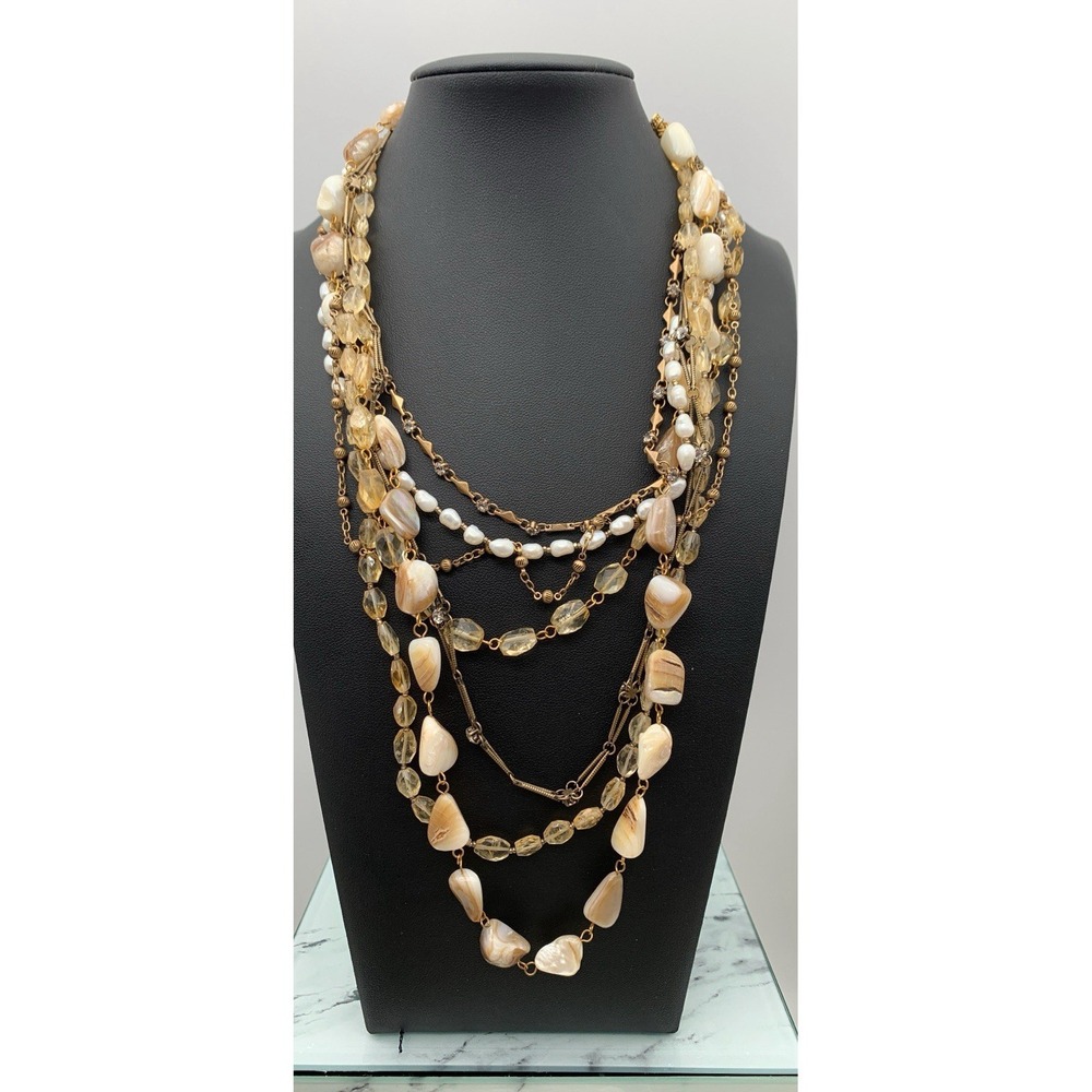 Rachel Reinhardt Multi Layered Gold Tone Shell Pearl & Crystal Necklace 14-16"